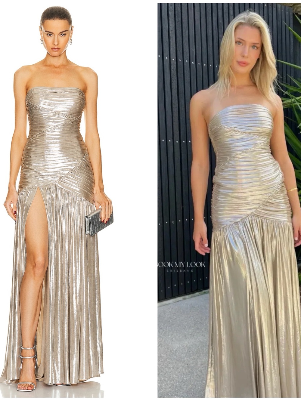 NWT Retrotete Josie Metallic Ruched Draped Strapless Maxi Dress in Champagne S